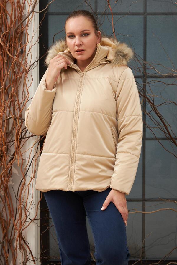 Kapşonlu Parlak Kumaş Büyük Beden Vizon Şişme Mont - 6