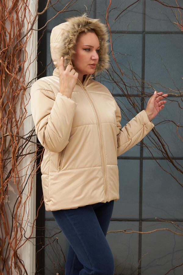 Kapşonlu Parlak Kumaş Büyük Beden Vizon Şişme Mont - 8