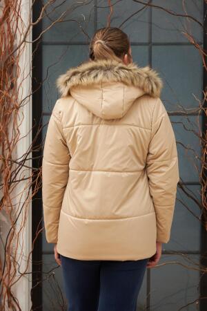 Kapşonlu Parlak Kumaş Büyük Beden Vizon Şişme Mont - 9