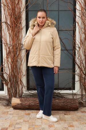 Kapşonlu Parlak Kumaş Büyük Beden Vizon Şişme Mont - 10