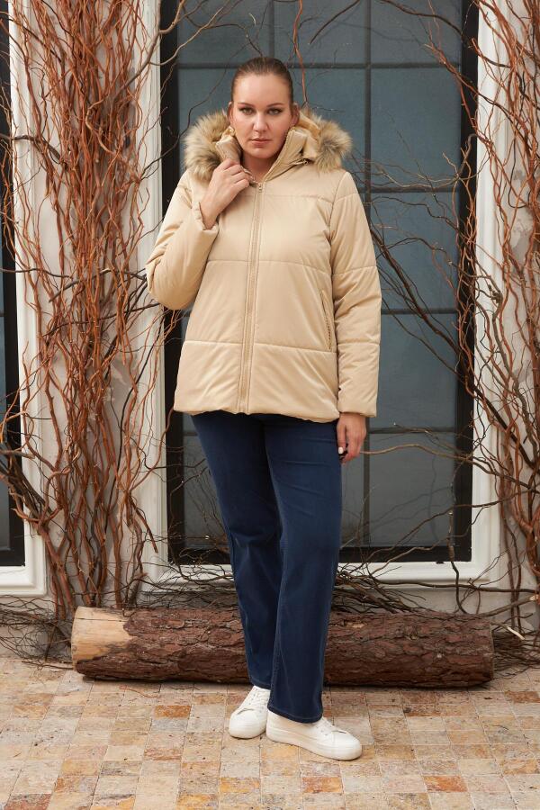 Kapşonlu Parlak Kumaş Büyük Beden Vizon Şişme Mont - 10