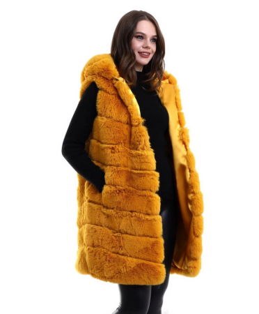 Kapşonlu Peluş Kürk Yelek Premium Kalite, Tam Astarlı, Uzun Model - Sarı - ANGELINO BuyukBedeniz