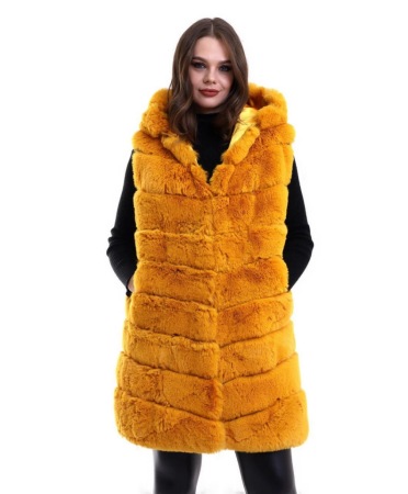 Kapşonlu Peluş Kürk Yelek Premium Kalite, Tam Astarlı, Uzun Model - Sarı - 3