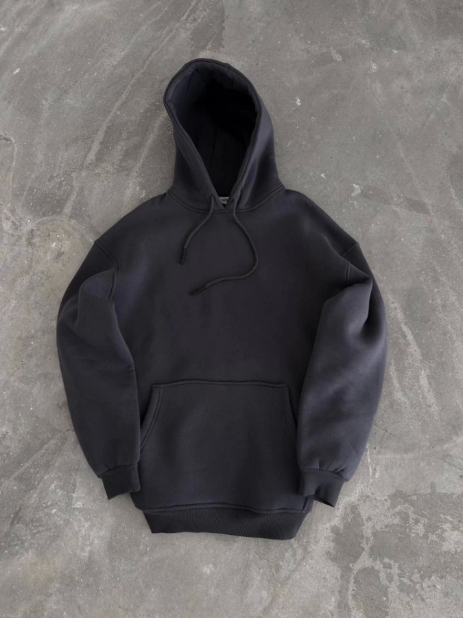 Kapşonlu Üç İplik Penye Basic SweatShirt - Füme - 1