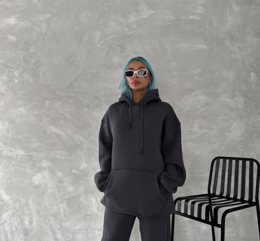 Kapşonlu Üç İplik Penye Basic SweatShirt - Füme - 2