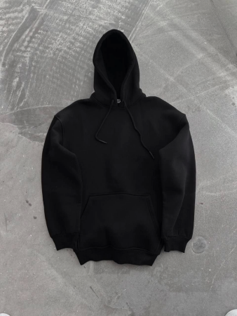 Kapşonlu Üç İplik Penye Basic SweatShirt - Siyah - 2