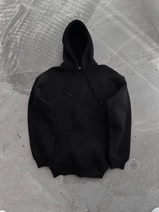 Kapşonlu Üç İplik Penye Basic SweatShirt - Siyah - 2