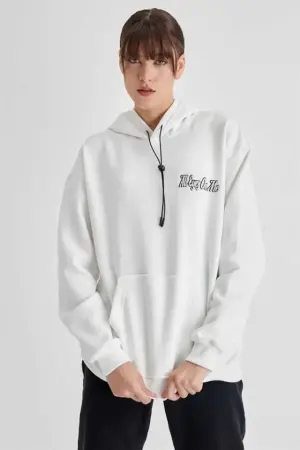 Kapüşonlu Sırt Baskılı Üç İplik Oversize Sweatshirt - Beyaz - 1