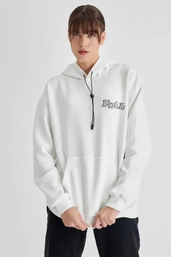 Kapüşonlu Sırt Baskılı Üç İplik Oversize Sweatshirt - Beyaz - 1
