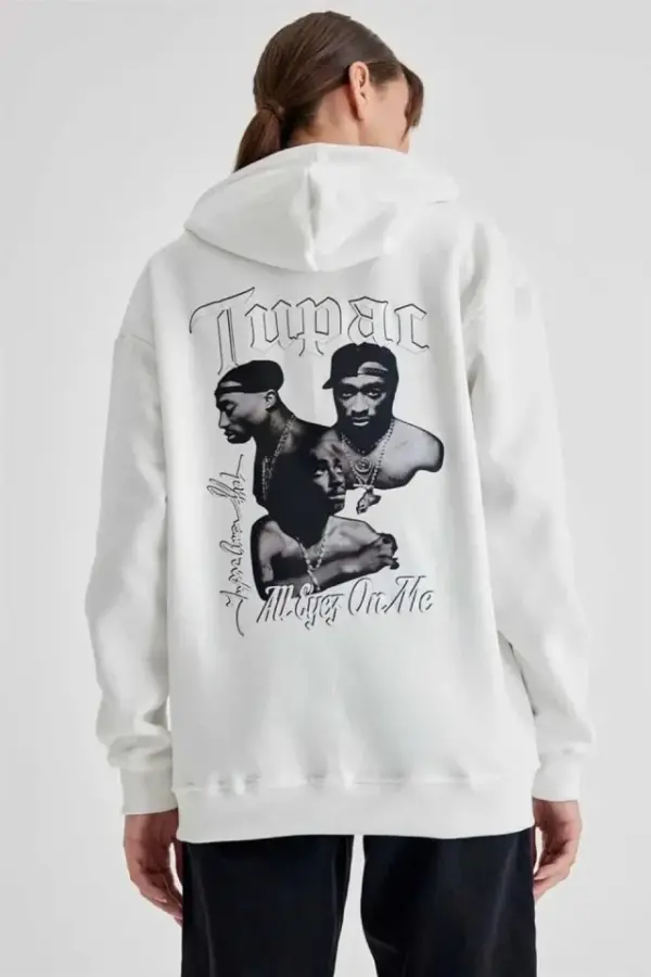 Kapüşonlu Sırt Baskılı Üç İplik Oversize Sweatshirt - Beyaz - 2