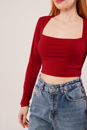 Kare Yaka Basic Bordo Bluz - 2