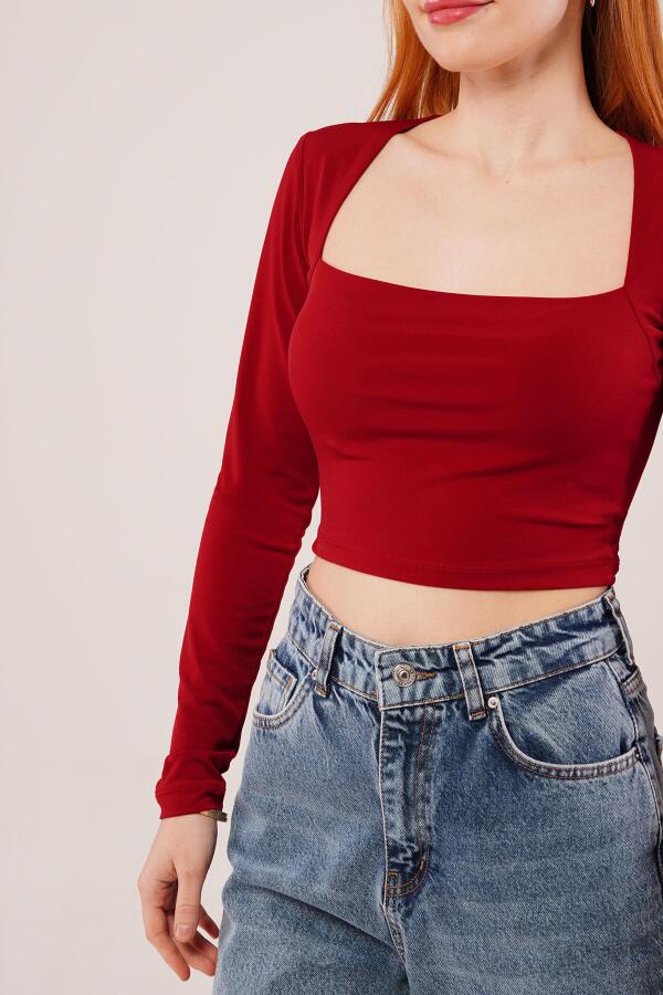 Kare Yaka Basic Bordo Bluz - 2