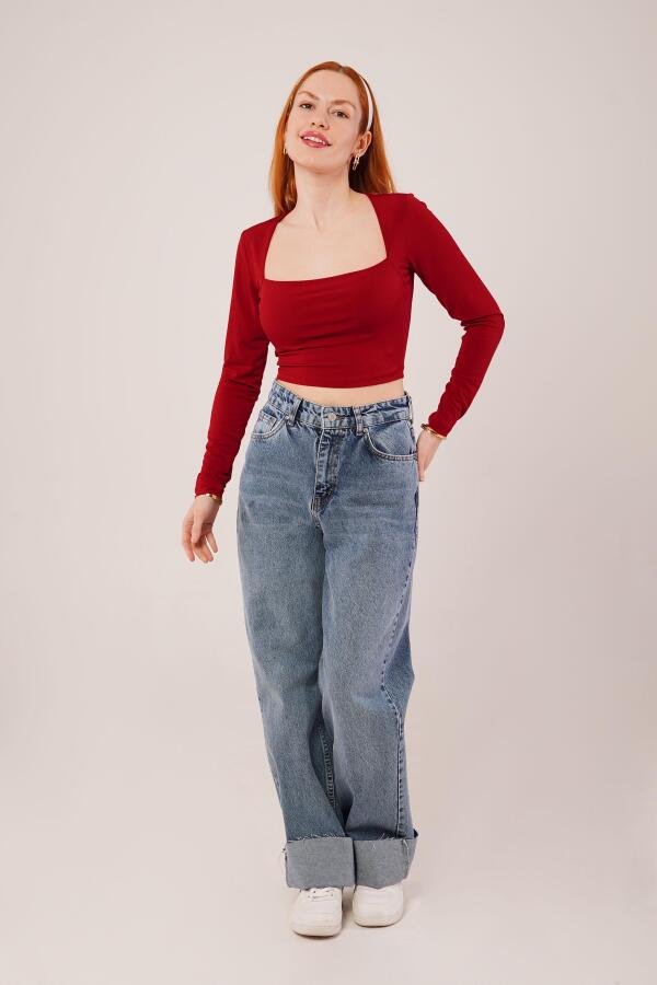 Kare Yaka Basic Bordo Bluz - 3