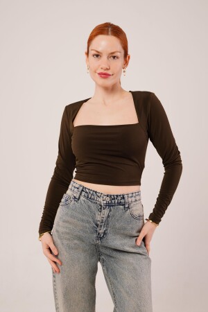 Kare Yaka Basic Kahverengi Bluz - 1