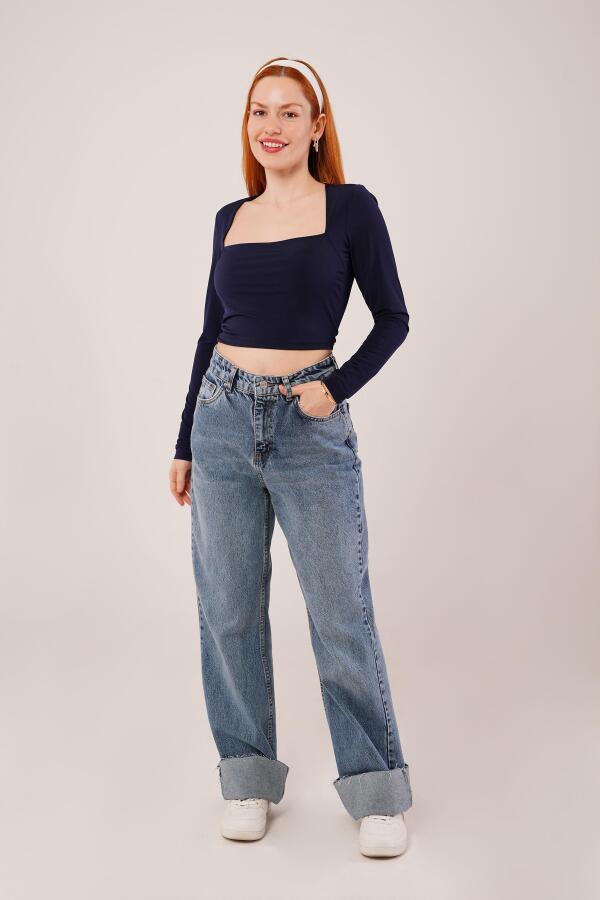 Kare Yaka Basic Lacivert Bluz - 2