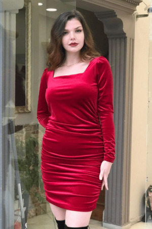 Kare Yaka Detay Büyük Beden Kadife Elbise - 8