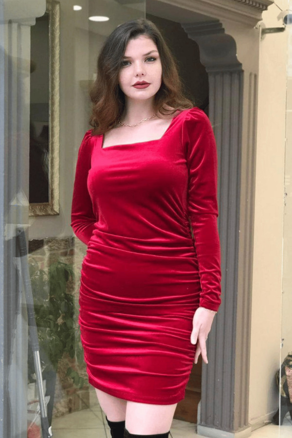 Kare Yaka Detay Büyük Beden Kadife Elbise - 8