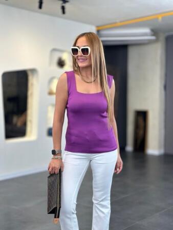 Kare Yaka Kalın Askılı Beyaz Triko Bluz - 2