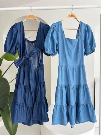 Kare Yakalı Ve Gipe Detaylı Tensel Elbise 2883 - 12