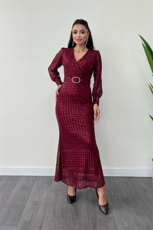Kareli Payet Kumaş Kruvaze Yaka Elbise - BORDO - 1