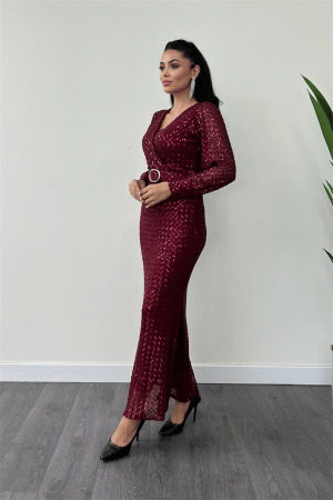 Kareli Payet Kumaş Kruvaze Yaka Elbise - BORDO - 2