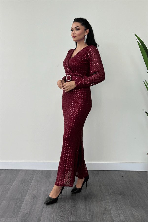 Kareli Payet Kumaş Kruvaze Yaka Elbise - BORDO - 2