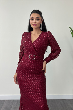 Kareli Payet Kumaş Kruvaze Yaka Elbise - BORDO - 3