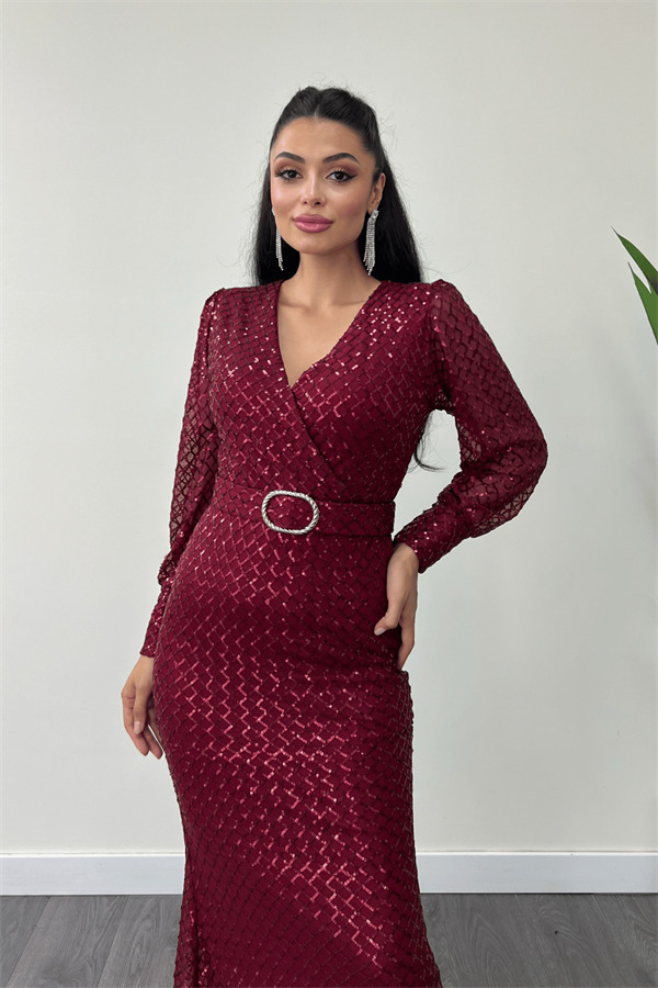 Kareli Payet Kumaş Kruvaze Yaka Elbise - BORDO - 3