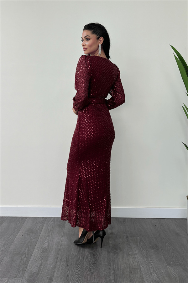 Kareli Payet Kumaş Kruvaze Yaka Elbise - BORDO - 5