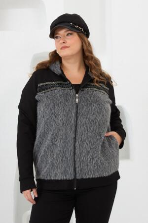 Kaşe Garnili Taşlı Büyük Beden Eşofman Üstü Siyah - 1