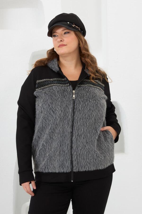 Kaşe Garnili Taşlı Büyük Beden Eşofman Üstü Siyah - 1