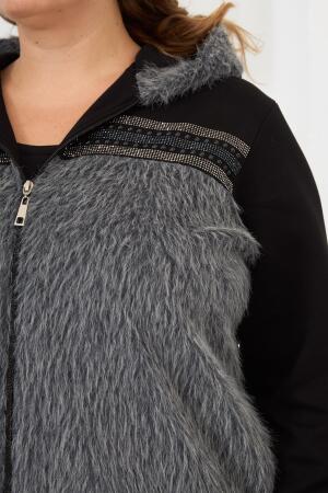 Kaşe Garnili Taşlı Büyük Beden Eşofman Üstü Siyah - 2