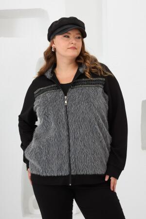 Kaşe Garnili Taşlı Büyük Beden Eşofman Üstü Siyah - 3