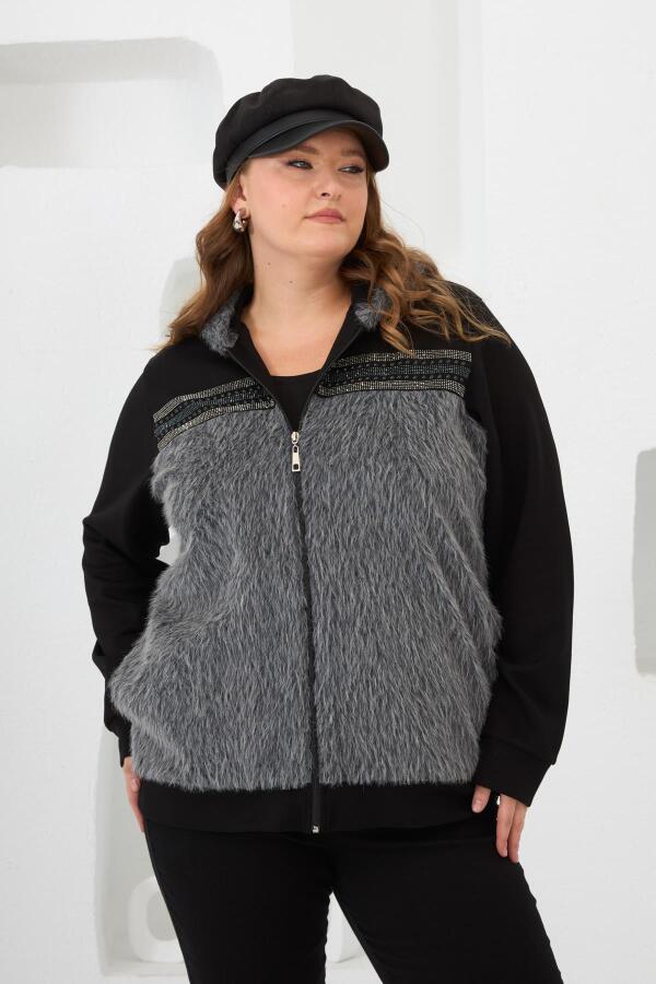 Kaşe Garnili Taşlı Büyük Beden Eşofman Üstü Siyah - 3