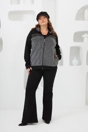 Kaşe Garnili Taşlı Büyük Beden Eşofman Üstü Siyah - 4