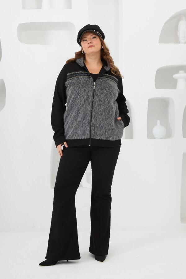 Kaşe Garnili Taşlı Büyük Beden Eşofman Üstü Siyah - 4