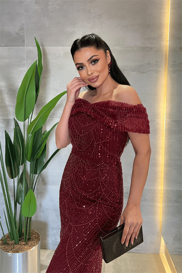 Kayık Yaka Boncuklu Kumaş Abiye Elbise - BORDO - 3