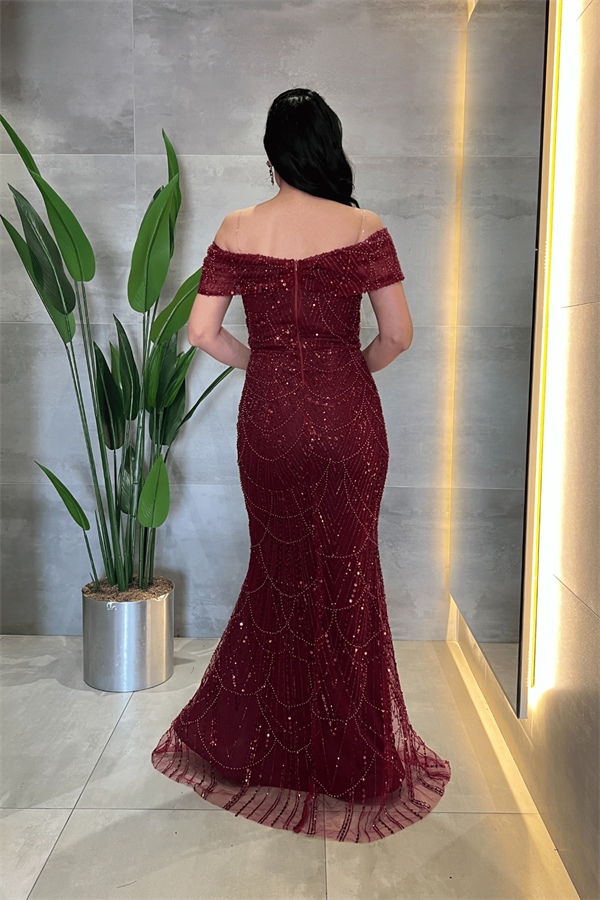 Kayık Yaka Boncuklu Kumaş Abiye Elbise - BORDO - 4