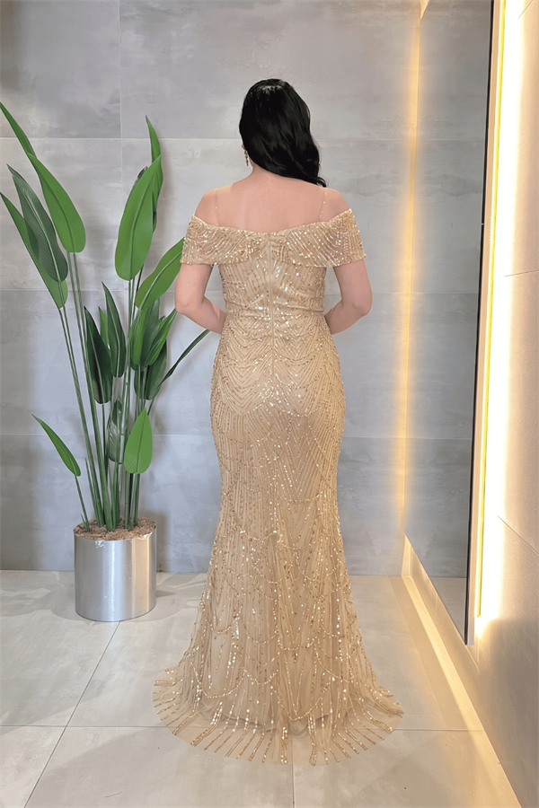 Kayık Yaka Boncuklu Kumaş Abiye Elbise - GOLD - 4