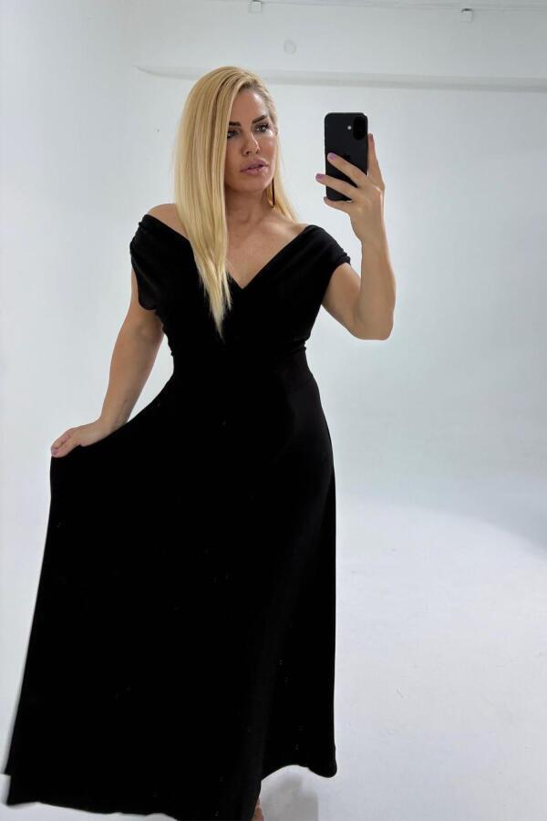 Kayık Yaka Esnek Ve Likralı Siyah Uzun Abiye Elbise GLS07 - 3