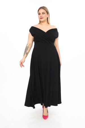 Kayık Yaka Esnek Ve Likralı Siyah Uzun Abiye Elbise GLS07 - Angelino Butik