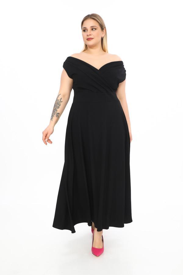 Kayık Yaka Esnek Ve Likralı Siyah Uzun Abiye Elbise GLS07 - 1