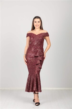 Kayık Yaka Eteği Volanlı Fırfır Detaylı Payet Elbise - Bordo - Angelino Moda