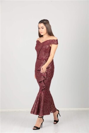 Kayık Yaka Eteği Volanlı Fırfır Detaylı Payet Elbise - Bordo - 3