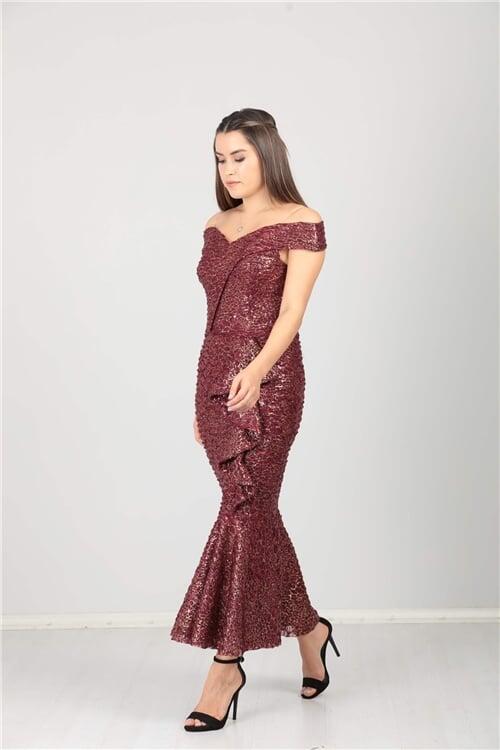 Kayık Yaka Eteği Volanlı Fırfır Detaylı Payet Elbise - Bordo - 3