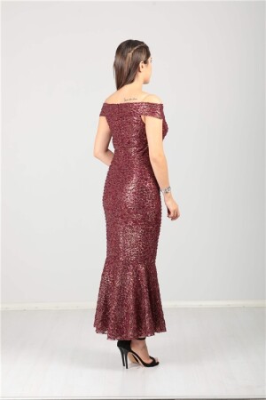 Kayık Yaka Eteği Volanlı Fırfır Detaylı Payet Elbise - Bordo - 4