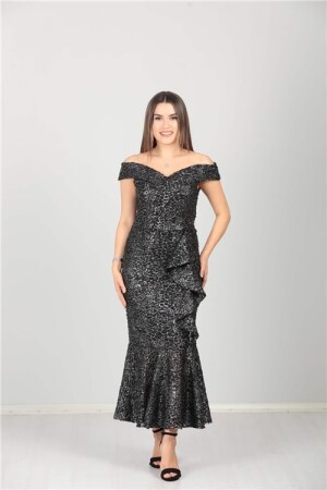 Kayık Yaka Eteği Volanlı Fırfır Detaylı Payet Elbise - Siyah - Angelino Moda