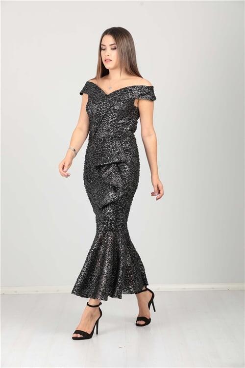 Kayık Yaka Eteği Volanlı Fırfır Detaylı Payet Elbise - Siyah - 2