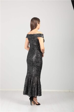 Kayık Yaka Eteği Volanlı Fırfır Detaylı Payet Elbise - Siyah - 3