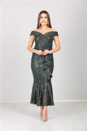 Kayık Yaka Eteği Volanlı Fırfır Detaylı Payet Elbise - Zümrüt - Angelino Moda